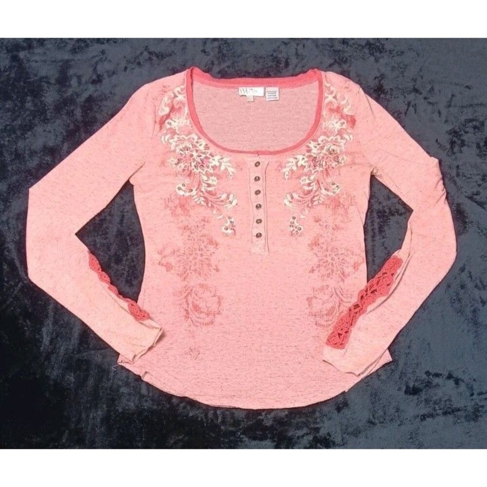 Miss Me Y2K Beaded Crochet Long Sleeve Henley L Coral Pink Bella Swan Twilight